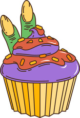 Cartoon retro 70s or 80s groovy Halloween holiday scary sweets, vector monster cupcake. Groovy cartoon Halloween muffin with dead zombie fingers for trick or treat party and horror night spooky sweets