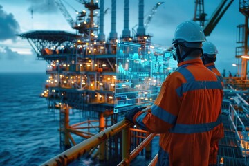 Engineers using AI-driven machinery on an oil platform with a digital holographic interface Futuristic Blue tones Digital Collage showcasing cutting-edge technology, no text, no trademark, no logo