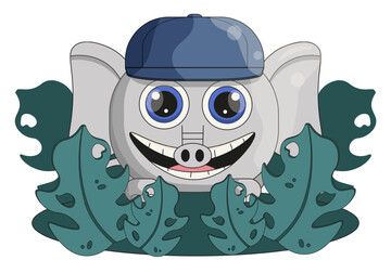 Funny Elephant in tropical leaves. Cute flat style Elephant isolated white. Summer zoo park theme. Vector illustration. EPS 10