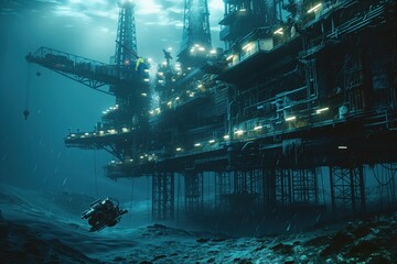 Underwater view of an oil platformâ€™s base with an engineer in a submersible inspecting structures Sci-Fi Cool colors 3D Illustration blending marine exploration with industry, no text, no trademark,
