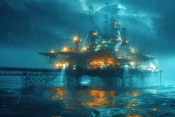 Offshore platform in the middle of the ocean engineers using interactive holograms Surrealism Deep blues Digital Painting modern technology at sea, no text, no trademark, no logo