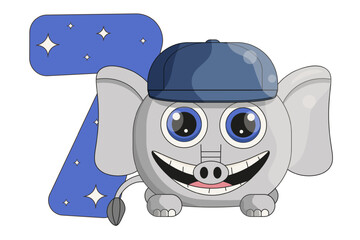 Birthday number design with cute smile elephant. Birth party invitation card template design isolated white. Vector illustration. EPS 10