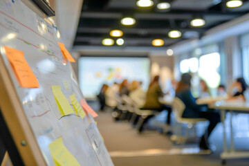 Whiteboard, sticky note and information in office for reminder, brainstorming and planning for tasks. Workplace, ideas and goals on colorful paper for creativity, problem solving and decision making