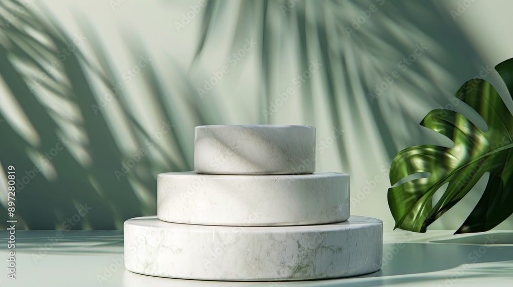 Poster mockup of a white marble stand display platform 3d rendered in 3d render. stock photo of a backgroun