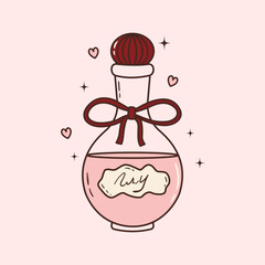 Cute glass potion bottle with red bow. Coquette style magic elixir with ribbon. Halloween decoration. Witchcraft and alchemy element. Hand drawn vector illustration