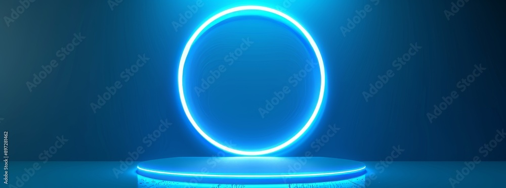 Poster Blue light neon podium background 3D platform product stage dark. Circle led stand round display studio game show floor empty effect ring line purple neon pedestal podium background.