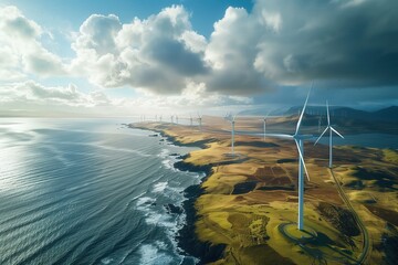 Wind farm spanning a coastal plain seen from above Realistic Bright daylight 4K Photography showcasing expansive renewable energy sources, no text, no trademark, no logo