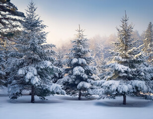 The pine trees are covered in snow. Snowfall. Winter is coming. 