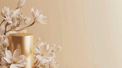 This is a 3D background of a podium product 3D gold cosmetic platform, surrounded by a natural beige to provide a backdrop for advertising and branding. A pedestal product environment render stand
