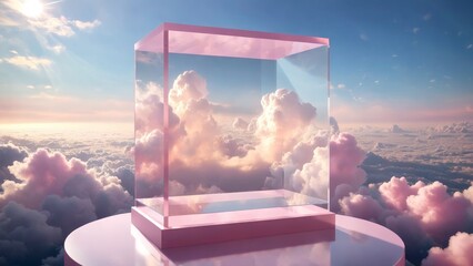 Perched on the table, a crystalline, glass box, podium is cocooned by clouds and bathed in sunlight—a scene straight from the subconscious