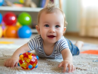 Smiling Infant Exploring Colorful Toys on Carpeted Floor in Bright Nursery