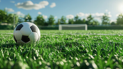 Fototapeta premium Grass field with a soccer ball and a goal in the distance, 3D rendered sports scene,