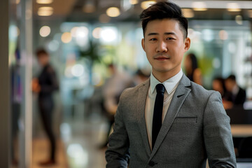 A dapper man in a grey suit stands in an office