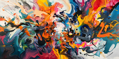 The vibrant background of frantic multi-coloured chaos conveys strong emotional tension, but at the same time, its beauty is intriguing and inevitably attracts harmony.