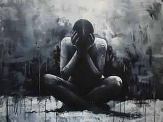 A solitary figure grappling with depression and despair in a bleak,monochrome landscape