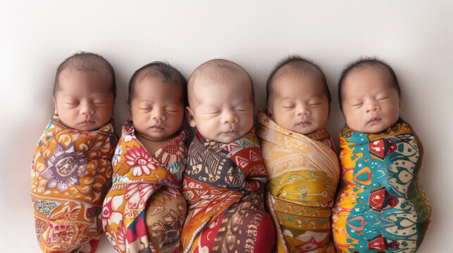 Five swaddled newborn babies of diverse ethnicities lying side by side on a white background.