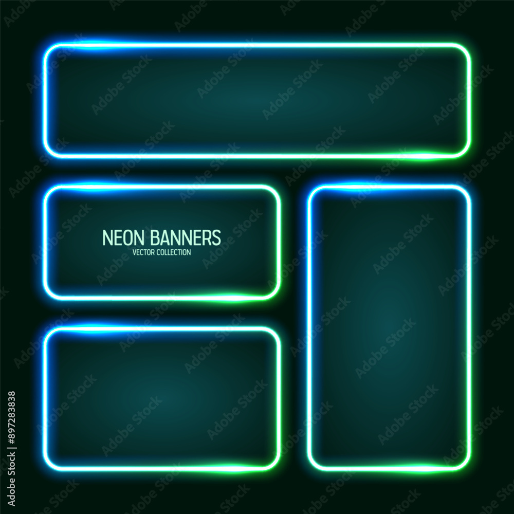 Wall mural glowing neon banners, illuminated colorful square frames. shiny vibrant border, glow effect. azure v