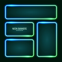Glowing neon banners, illuminated colorful square frames. Shiny vibrant border, glow effect. Azure vintage retro lights, night illumination. Modern futuristic UI design elements. Vector illustration