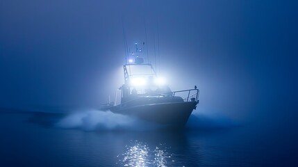 Obraz premium Boat Cutting Through Fog at Night