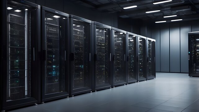 Server racks at a modern data center in a dimly lit room. Display Internet of Things concept, sophisticated electrical equipment warehouse