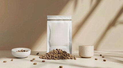 A mockup of a pet product, like a stylish pet food bag, surrounded by pet food, empty label, clean and modern branding