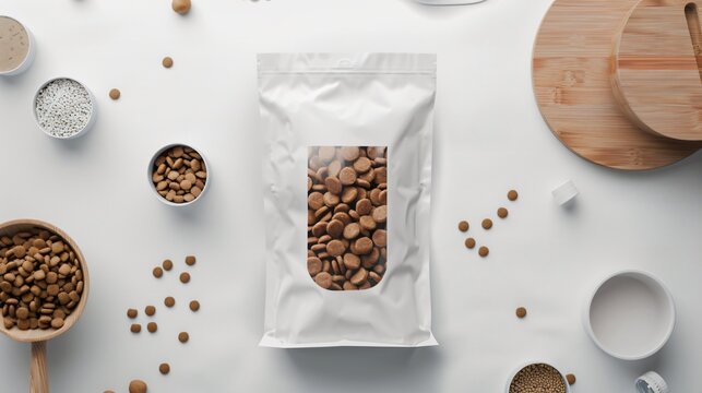 A mockup of a pet product, like a stylish pet food bag, surrounded by pet food, empty label, clean and modern branding