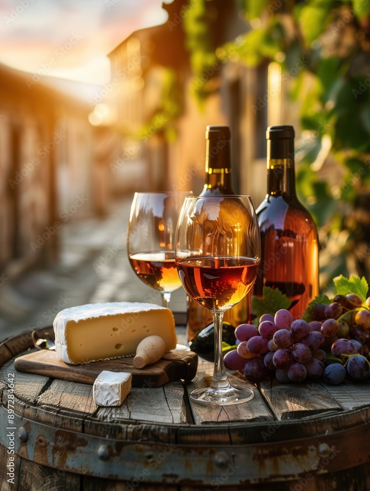 Poster two glasses of wine and two bottles of wine, along with a wedge of cheese and grapes, sit on a woode