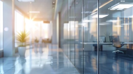 Blurred background of a light empty open space modern office interior with panoramic windows