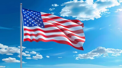 Fototapeta premium Patriotic Glory, American Flag Waving in Clear Blue Summer Sky.