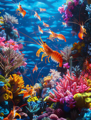 A vibrant coral reef with various shrimp species interacting with colorful corals, underwater, photorealistic, bright colors, high detail, digital painting