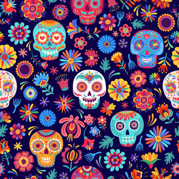 Catrin Mexican seamless pattern with calavera sugar skulls and tropical flowers. Day of the Dead holiday vector print or wrapping paper background, Dia de Los Muertos textile with ornate skulls