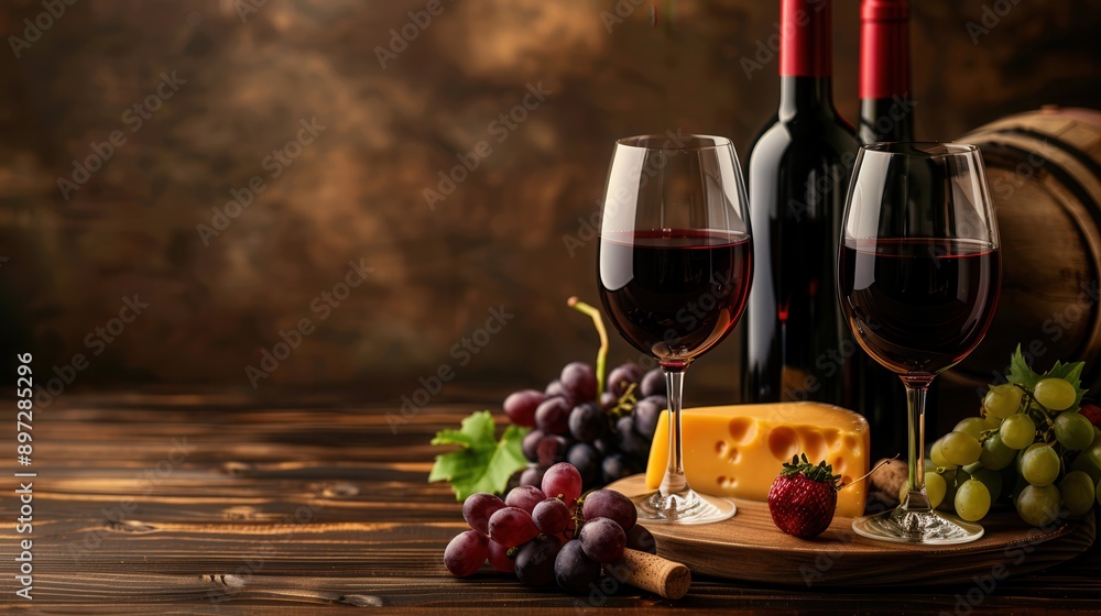 Poster Two glasses of red wine, two bottles of wine, a block of cheese, and grapes sit on a wooden table in front of a rustic background. Generative AI