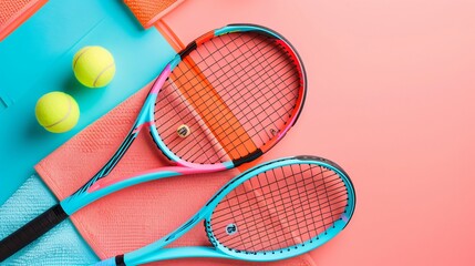 A mockup of modern sports equipment, like stylish tennis rackets, with vibrant branding