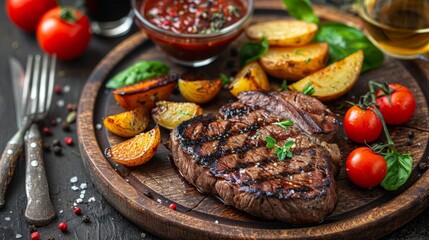 A hearty meal of steak and vegetables on a rustic table