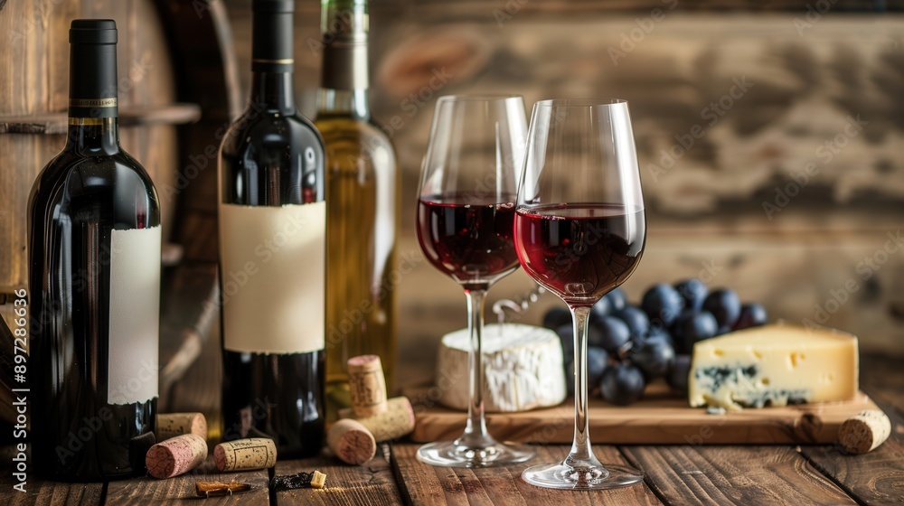 Poster a rustic wooden table with two glasses of red wine, a cheese plate with grapes, and wine bottles in 