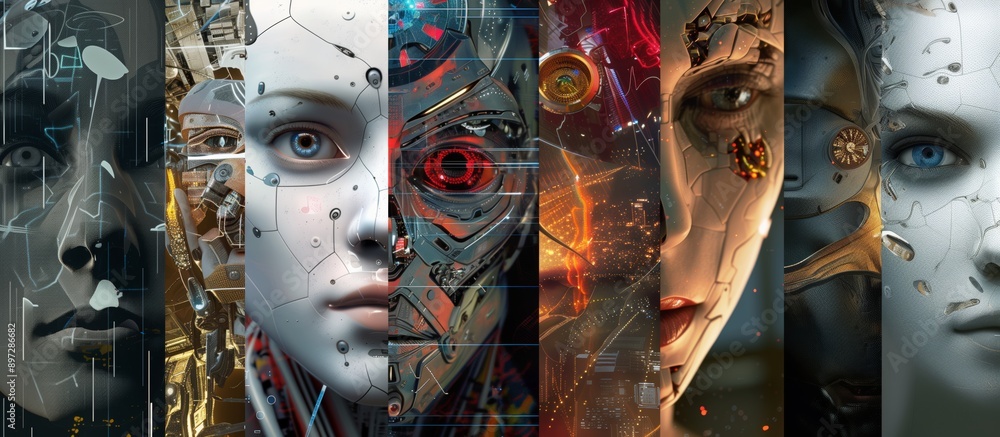 Poster futuristic ai robot head illustration composition of different robots showcasing the diversity of ar