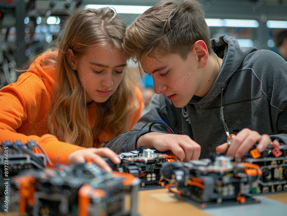 Poster two students working on robotics project in classroom