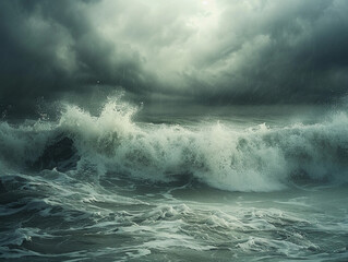 Powerful Ocean Waves Crashing Under Dark Storm Clouds