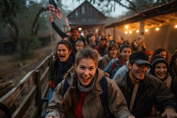 A lively group of friends cheerfully celebrating outdoors with American flags, lights, and festive attire, setting a joyful spirit amid a rustic setting in the evening.