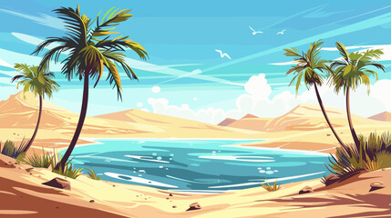 Obraz premium Oasis in the desert with palm trees and water vector cartoon illustration background copy space