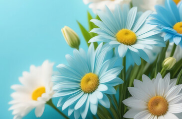 Banner with free text space, mockup, space for text. Vibrant Close-Up of Blue and White Daisies with Yellow Centers on a Soft Pastel Blue Background.