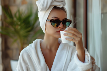 Young woman is enjoying a cup of coffee on a hotel balcony, wearing a bathrobe and sunglasses, starting her day with a moment of relaxation
