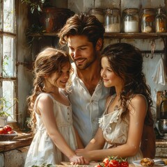 Tender Moments: A Father and His Daughters Share Affection and Togetherness in Their Cozy Kitchen