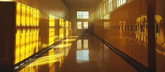 Sunlit School Hallway with Yellow Lockers