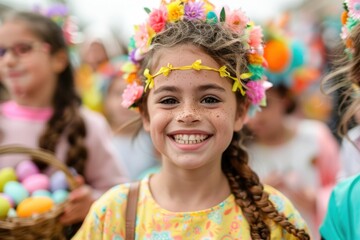 Fototapeta premium A girl wearing a floral head wreath and a colorful dress grins widely as she holds a basket of Easter eggs, surrounded by children in a lively Easter parade.