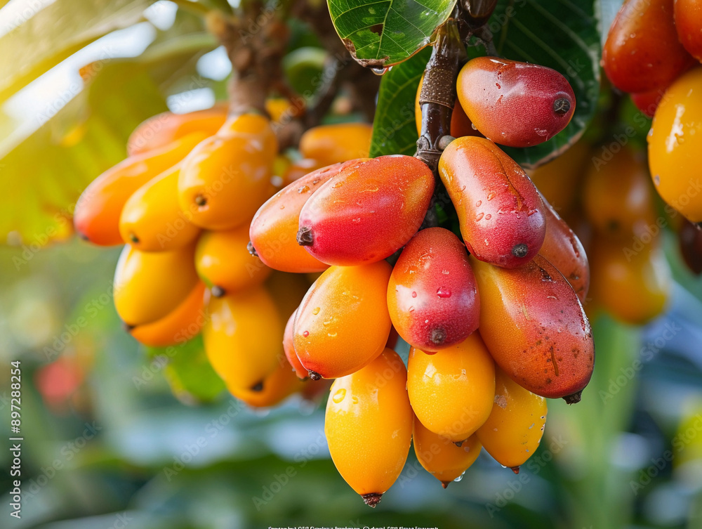 Poster Ripe Red and Orange Fruits Hanging on a Branch in a Tropical Forest