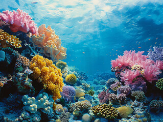 Vibrant Coral Reef Underneath a Clear Blue Sky in the Ocean