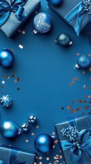 Blue festive ornaments and gifts scattered with confetti