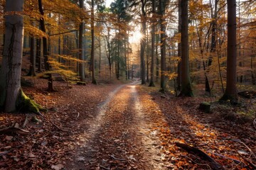 A forest path bathed in golden sunlight during autumn, lined with tall trees and carpeted with fallen leaves, creating a serene and picturesque woodland scene.