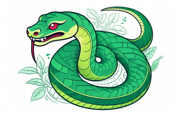 Green snake cartoon illustration. Happy Chinese New Year 2025, snake on the background of Christmas presents, zodiac sign according to the Chinese horoscope